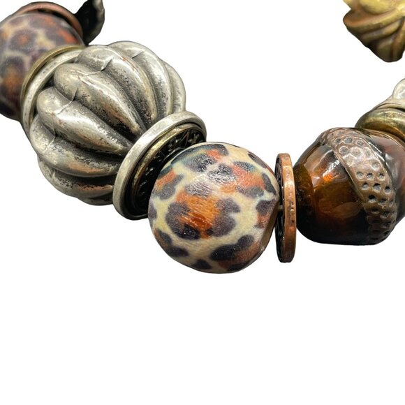 Multicolor Animal Print Textured Chunky Beaded Stretch Bangle Bracelet - Picture 2 of 5